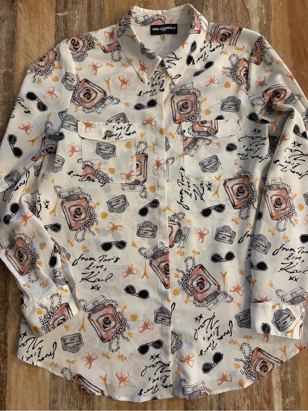Karl Lagerfeld Shirt Paris France Pattern Size Medium Long Roll Sleeve Blouse